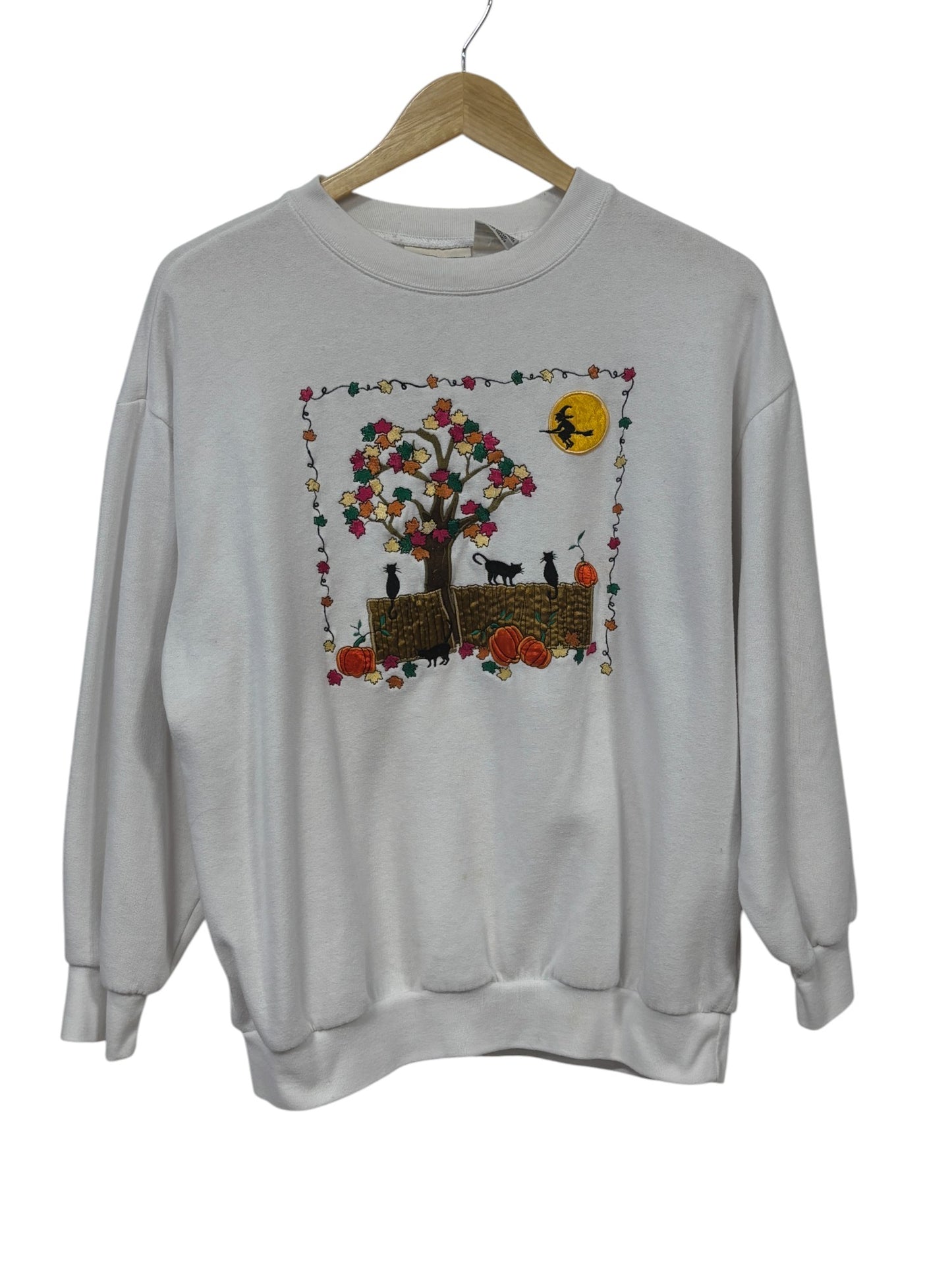Vintage Halloween Autumn Black Cats Embroidered Sweater Size Large