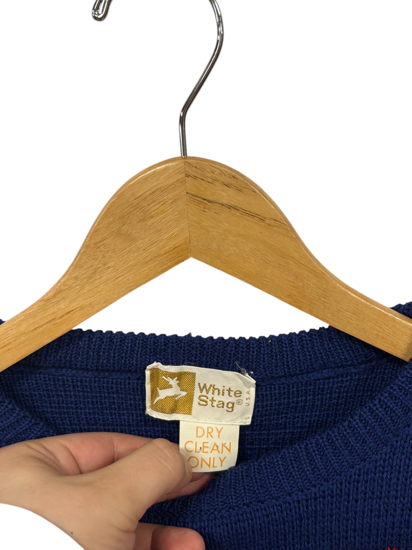 Vintage Women's White Stag Made in USA Blue Knit Sweater Size Large