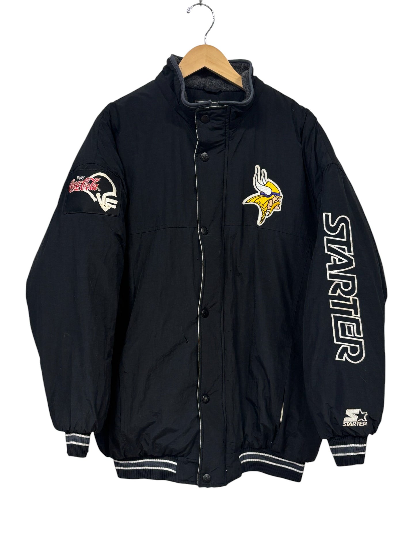 Vintage 90's Starter Minnesota Vikings Black Arm Logo Puffer Jacket Size XL