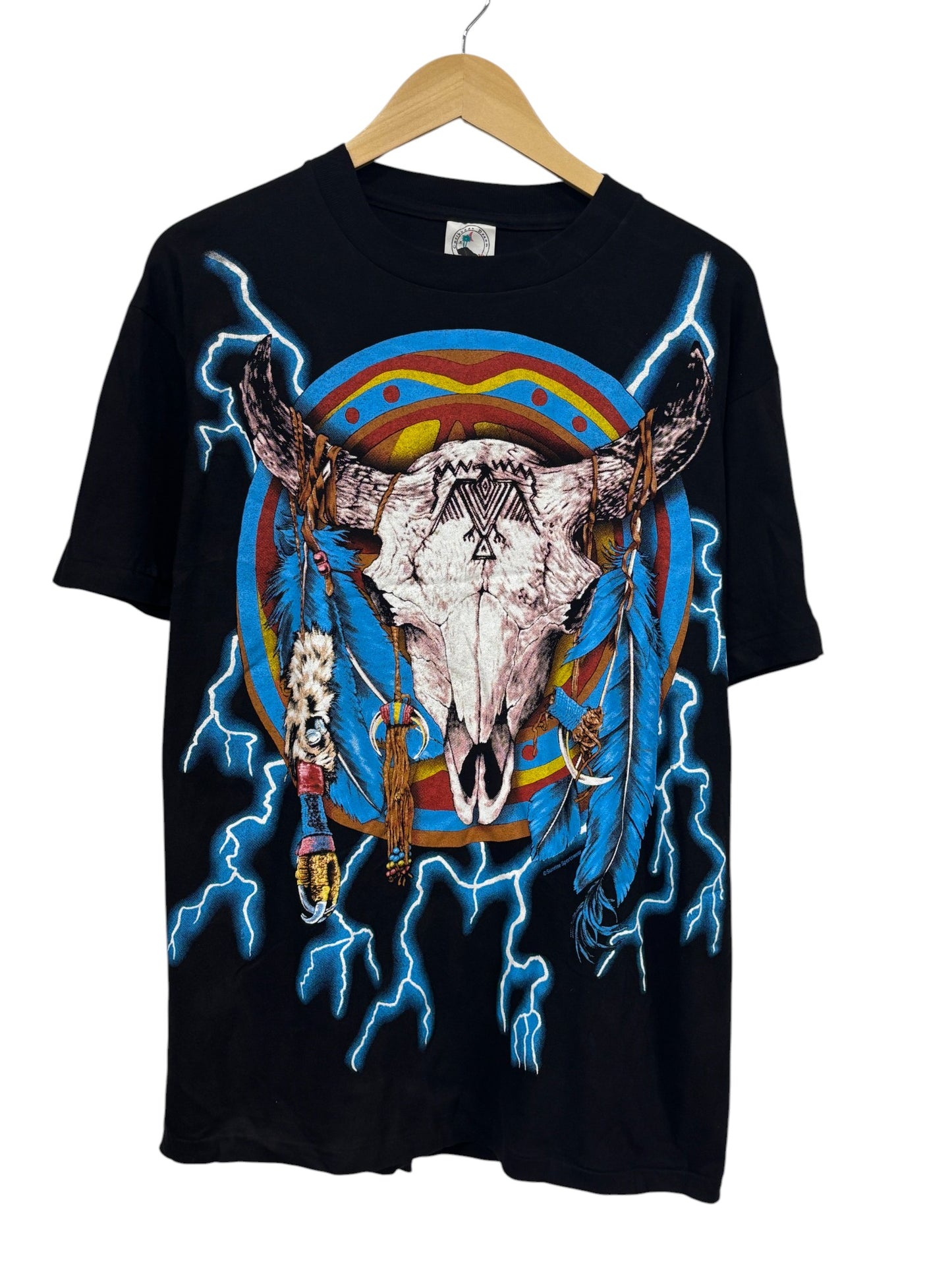 Vintage 90's American Thunder Cow Skull Biker AOP Tee Size Large