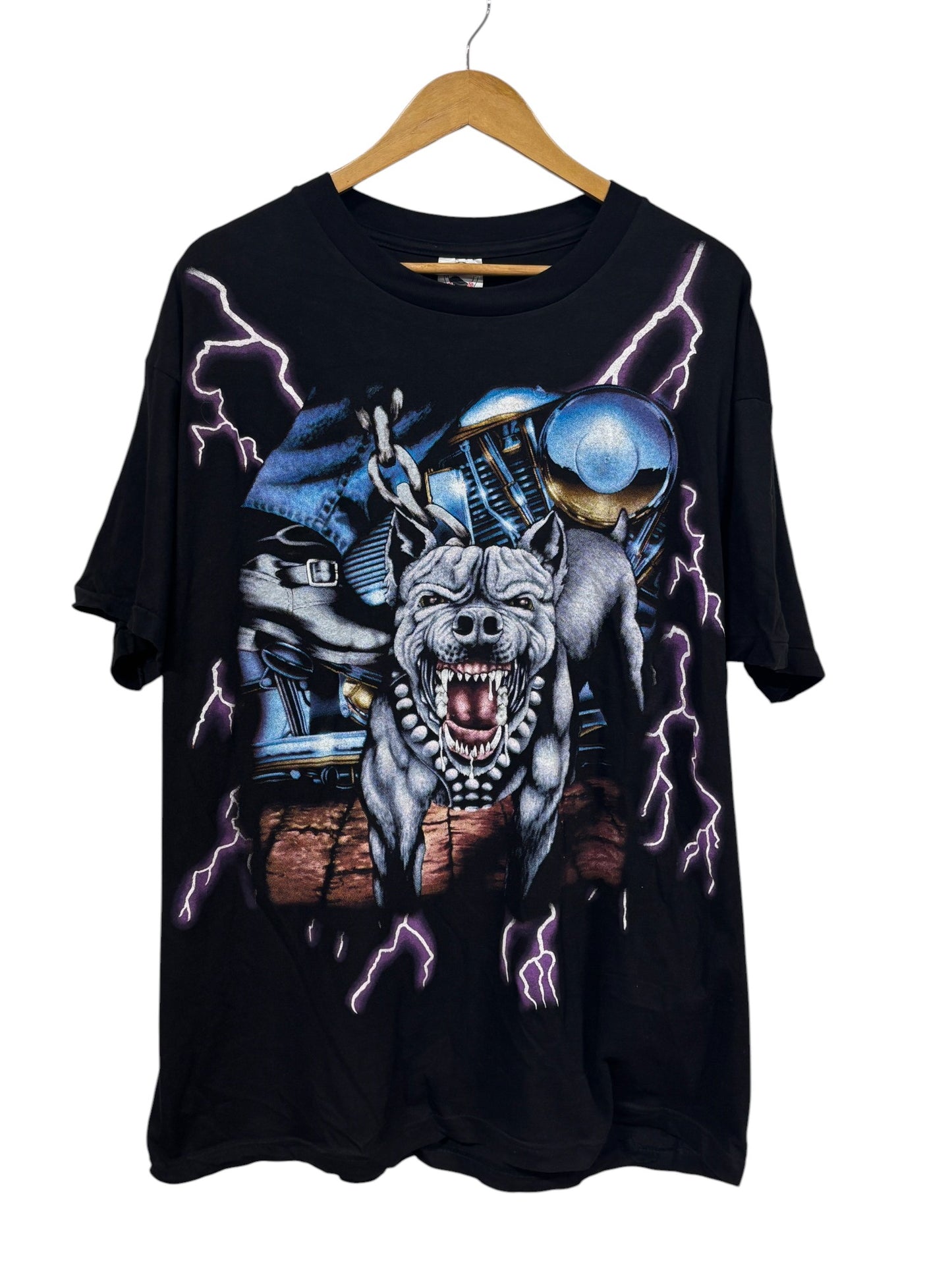 Vintage 90's American Thunder Junkyard Dog Biker AOP Tee Size XL