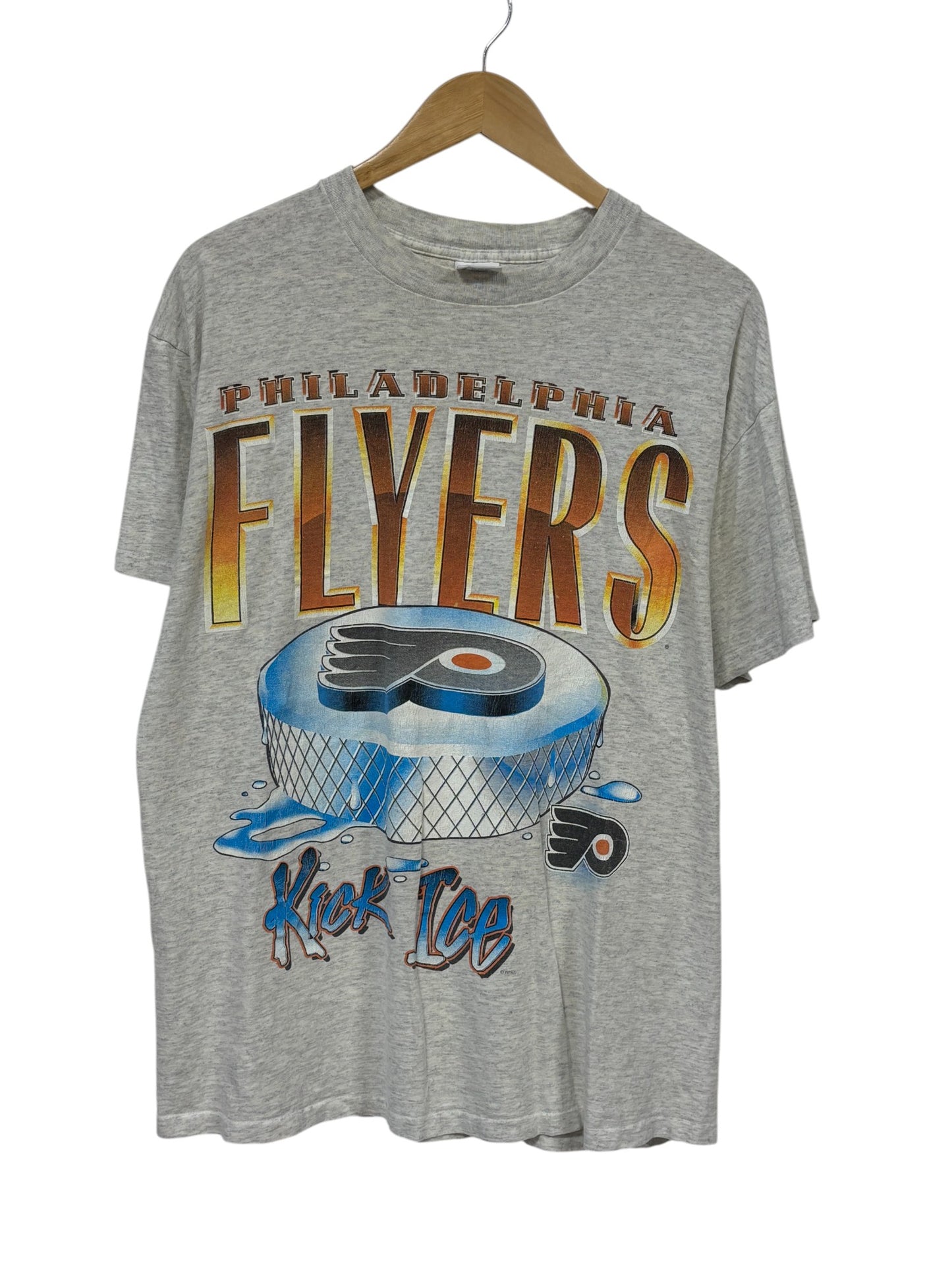 Vintage 90's Philadelphia Flyers Kick Ice Big Print Hockey Tee Size Large