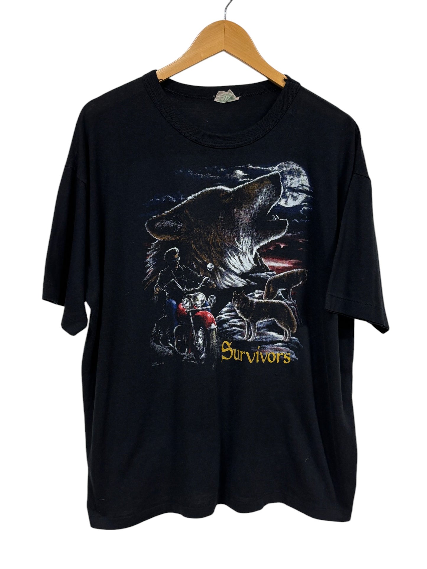Vintage 90's Survivors Lone Wolf Biker Graphic 3D Emblem Tee Size XXL