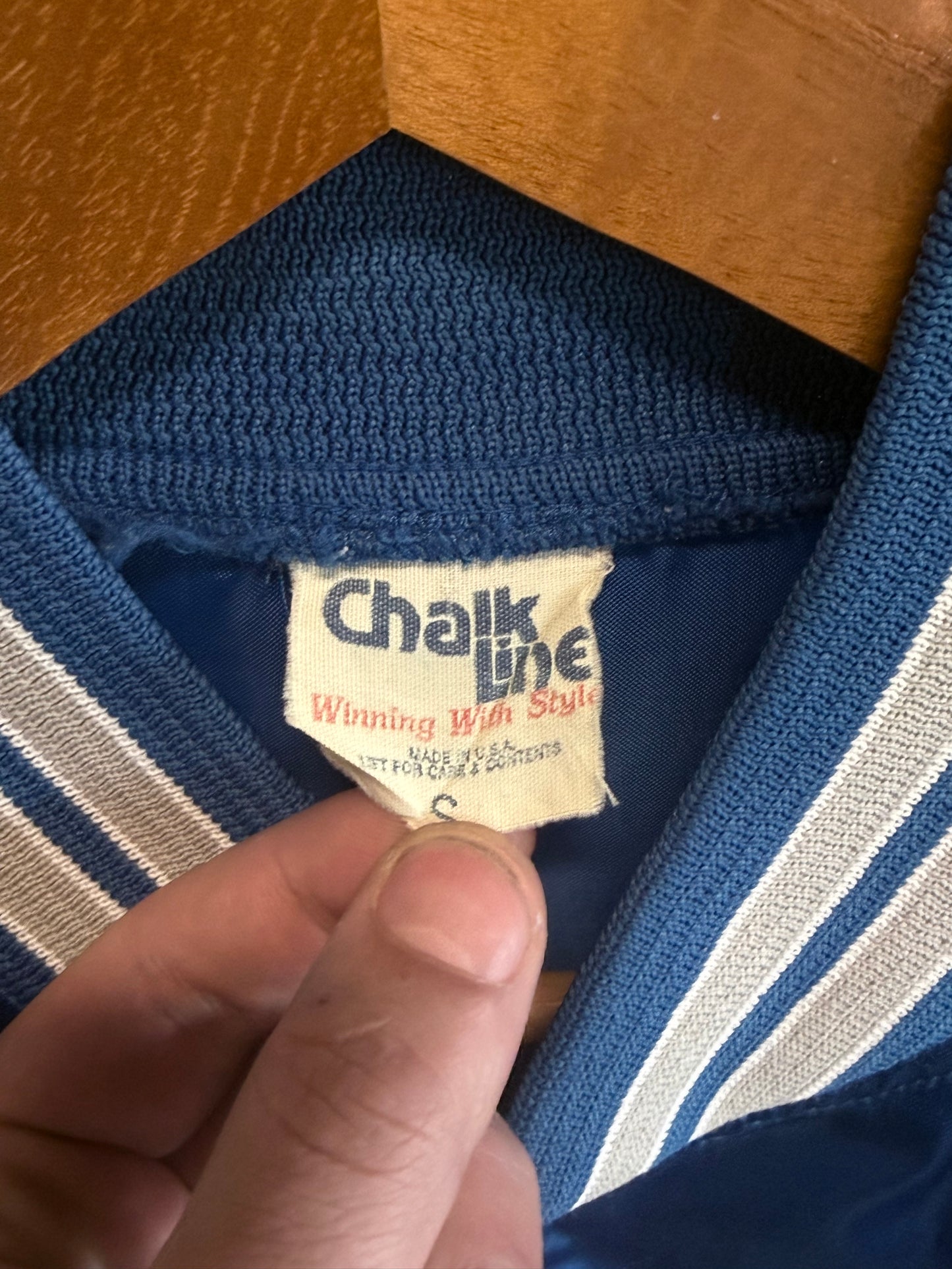 Vintage Chalk Line Blue Satin Bomber Jacket Size Small