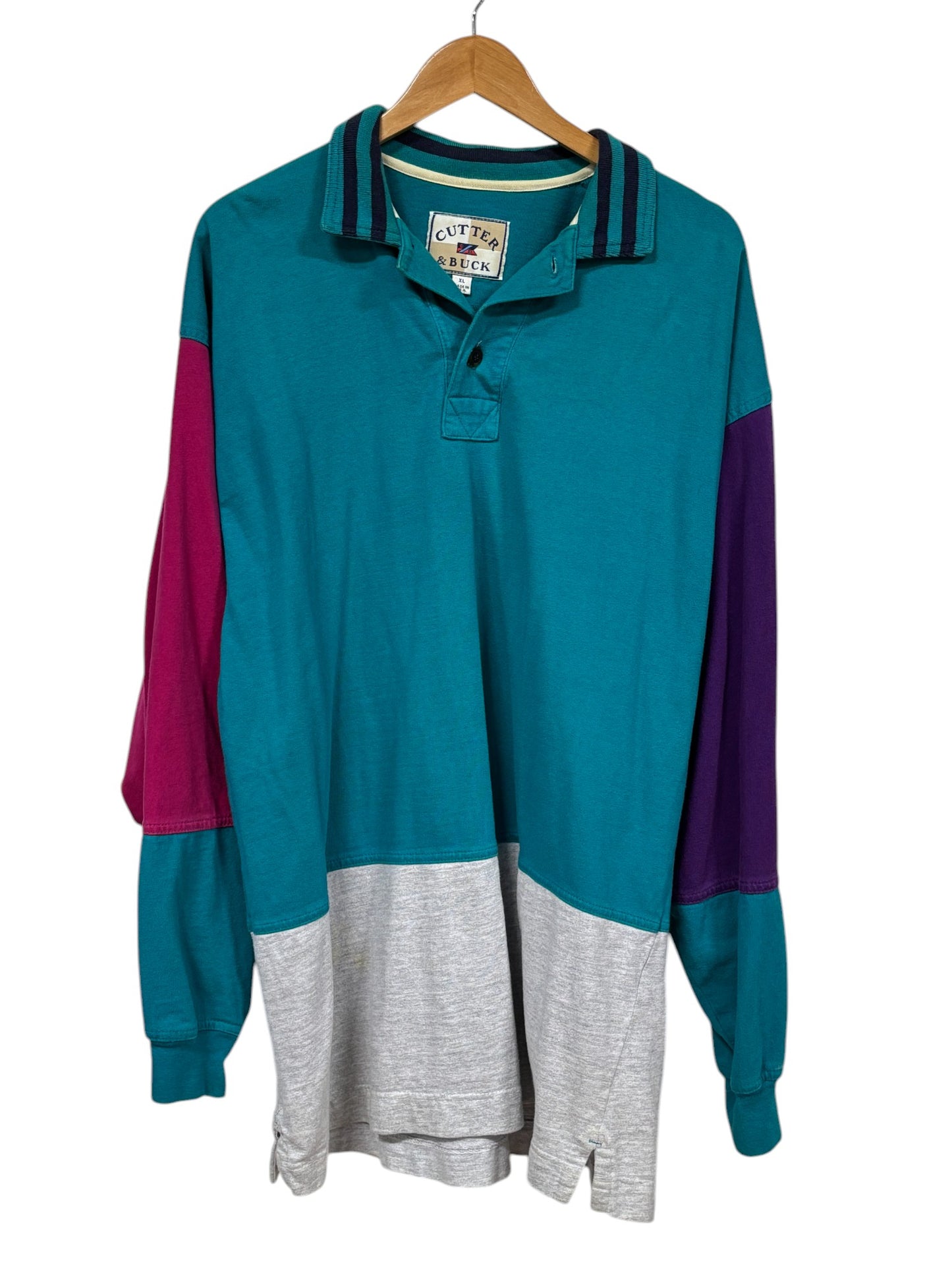 Vintage Cutter Buck Color Block Long Sleeve Polo Shirt Size XL