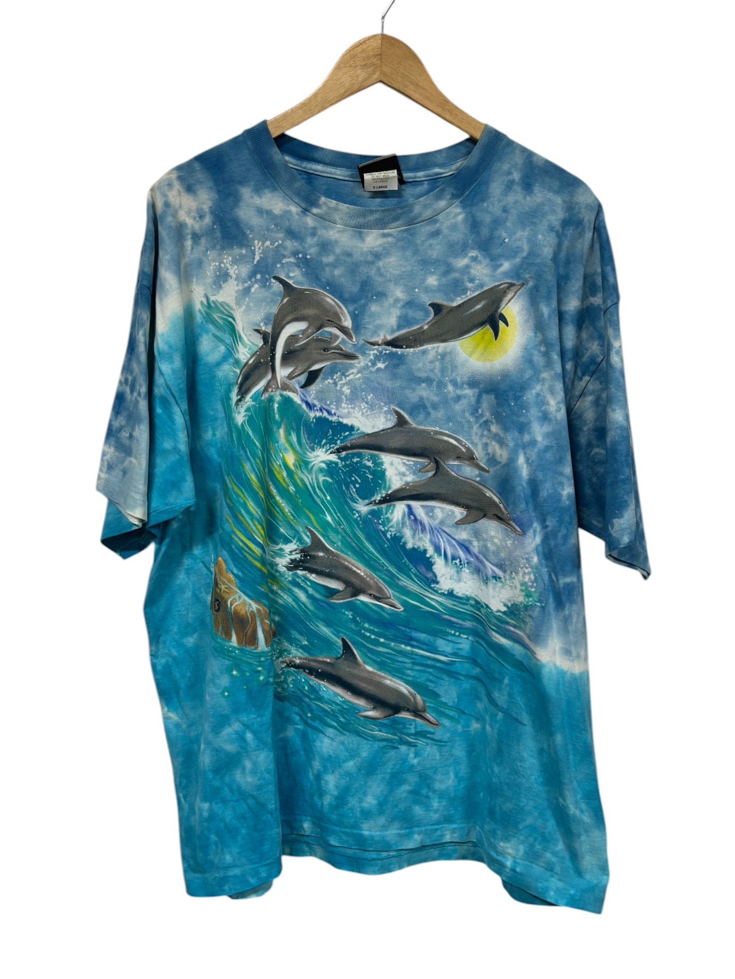 Vintage Liquid Blue All Over Print Dolphins Ocean Nature Graphic Tee Size XL