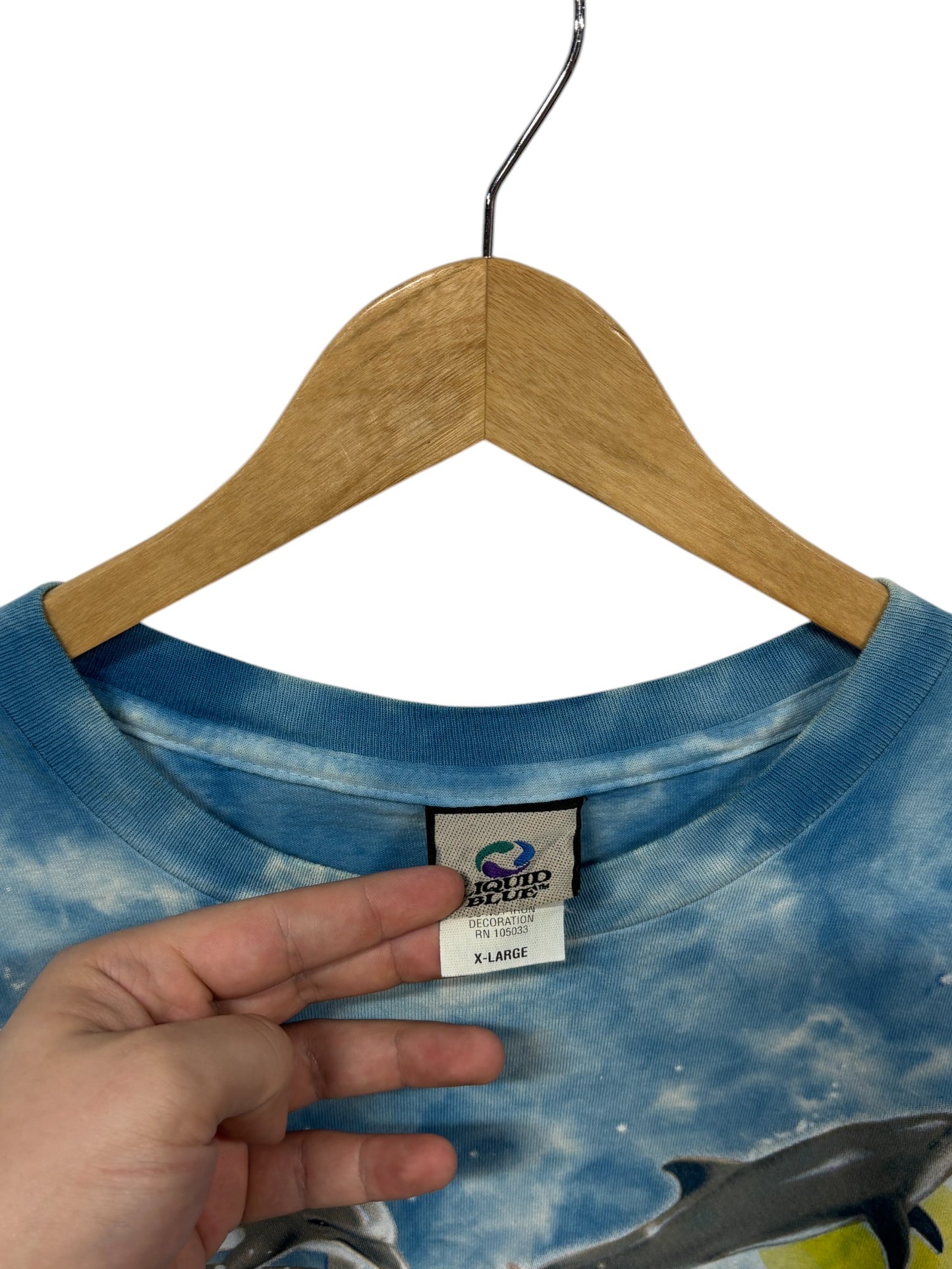 Vintage Liquid Blue All Over Print Dolphins Ocean Nature Graphic Tee Size XL