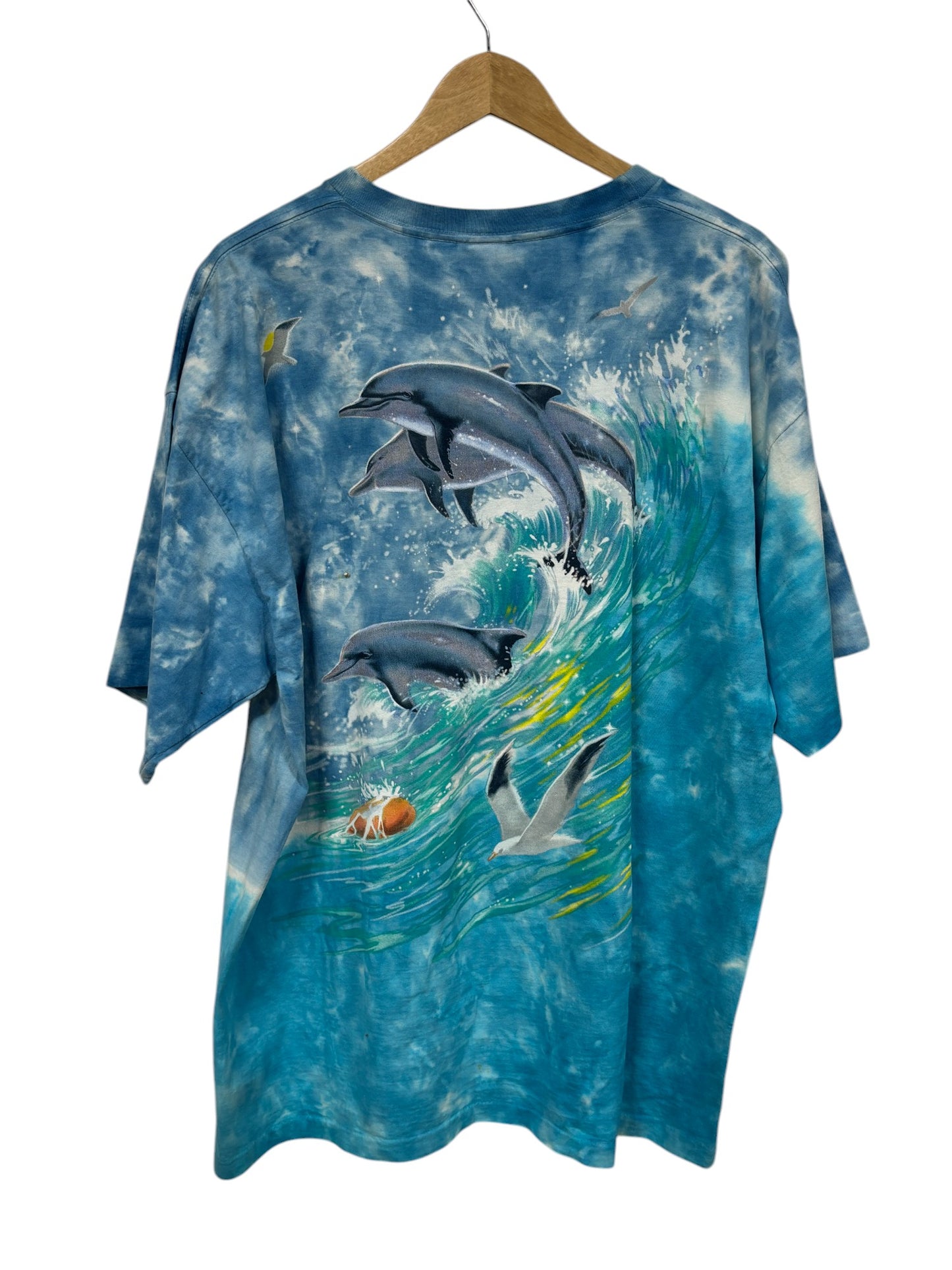 Vintage Liquid Blue All Over Print Dolphins Ocean Nature Graphic Tee Size XL