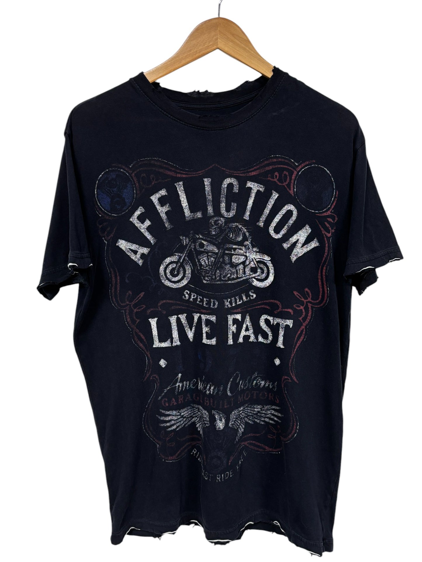 Vintage Y2K Affliction Distressed Speed Kills Biker Tee Size Medium