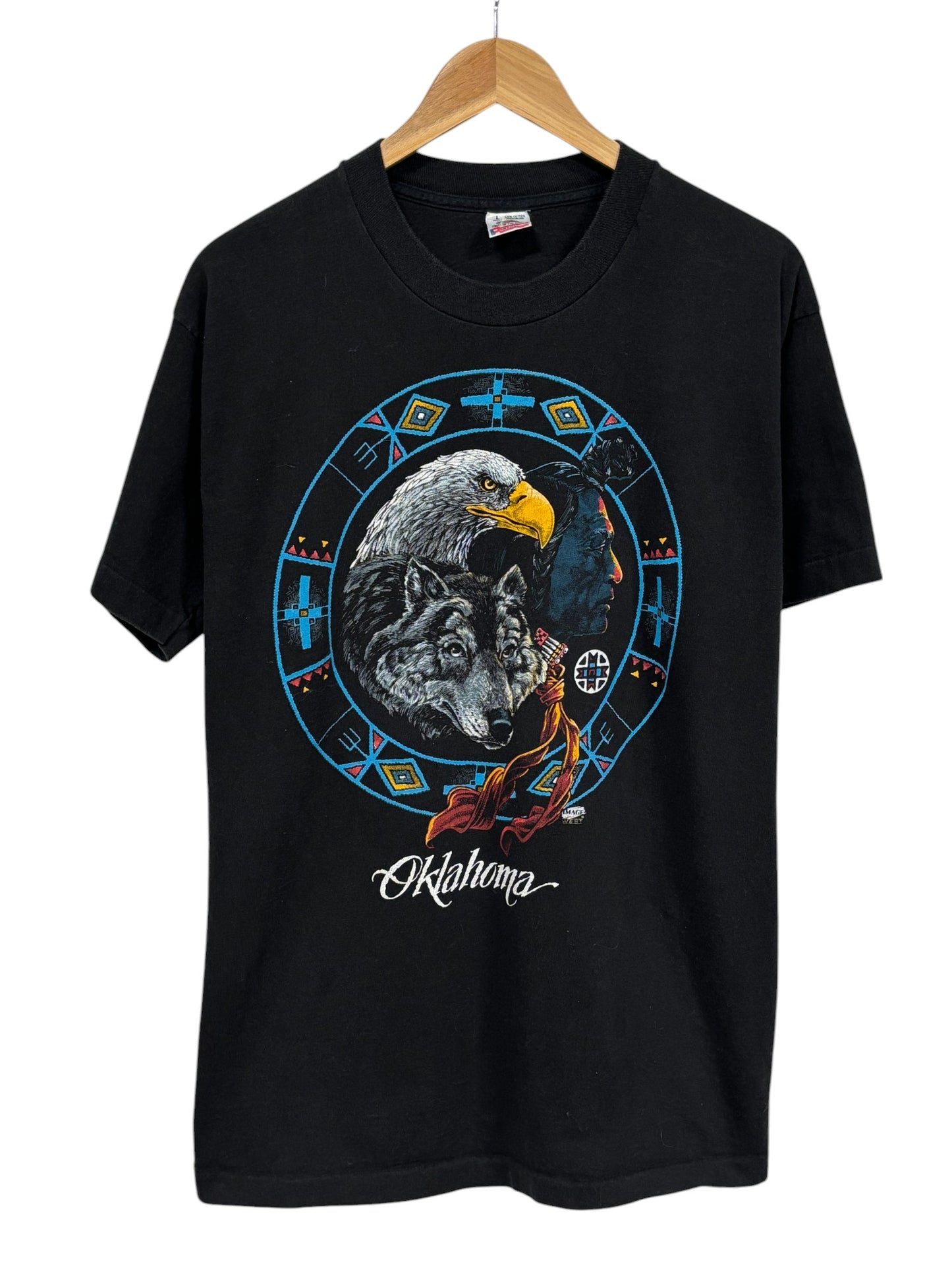 Vintage 90's Oklahoma Native Wolf Eagle Graphic Tee Size Large