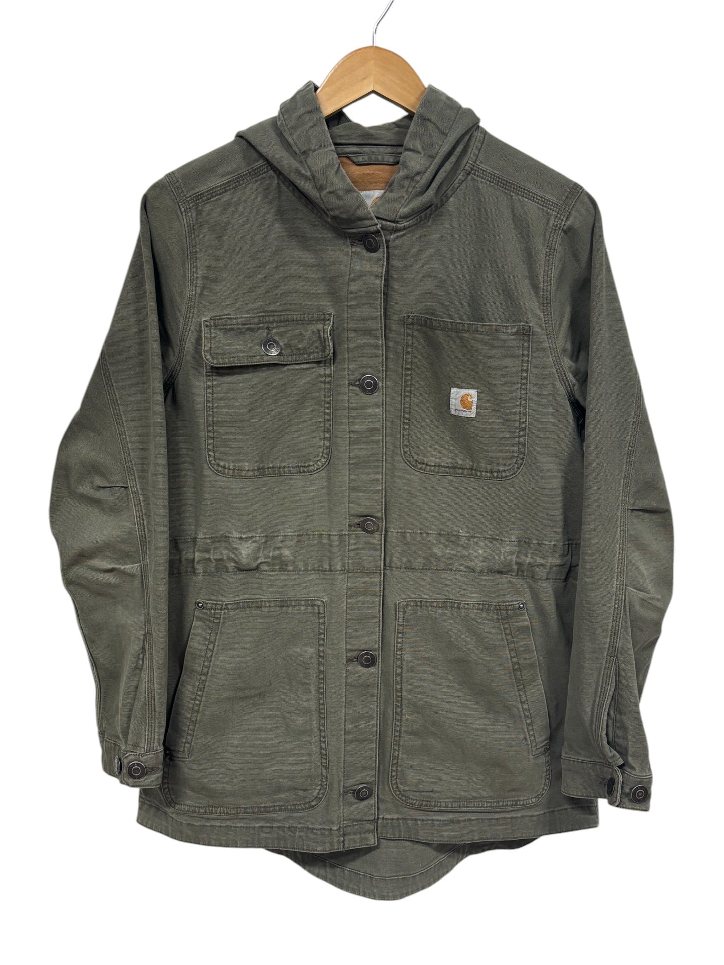 Carhartt Drab Green Hooded Button Up Work Shirt Size Medium
