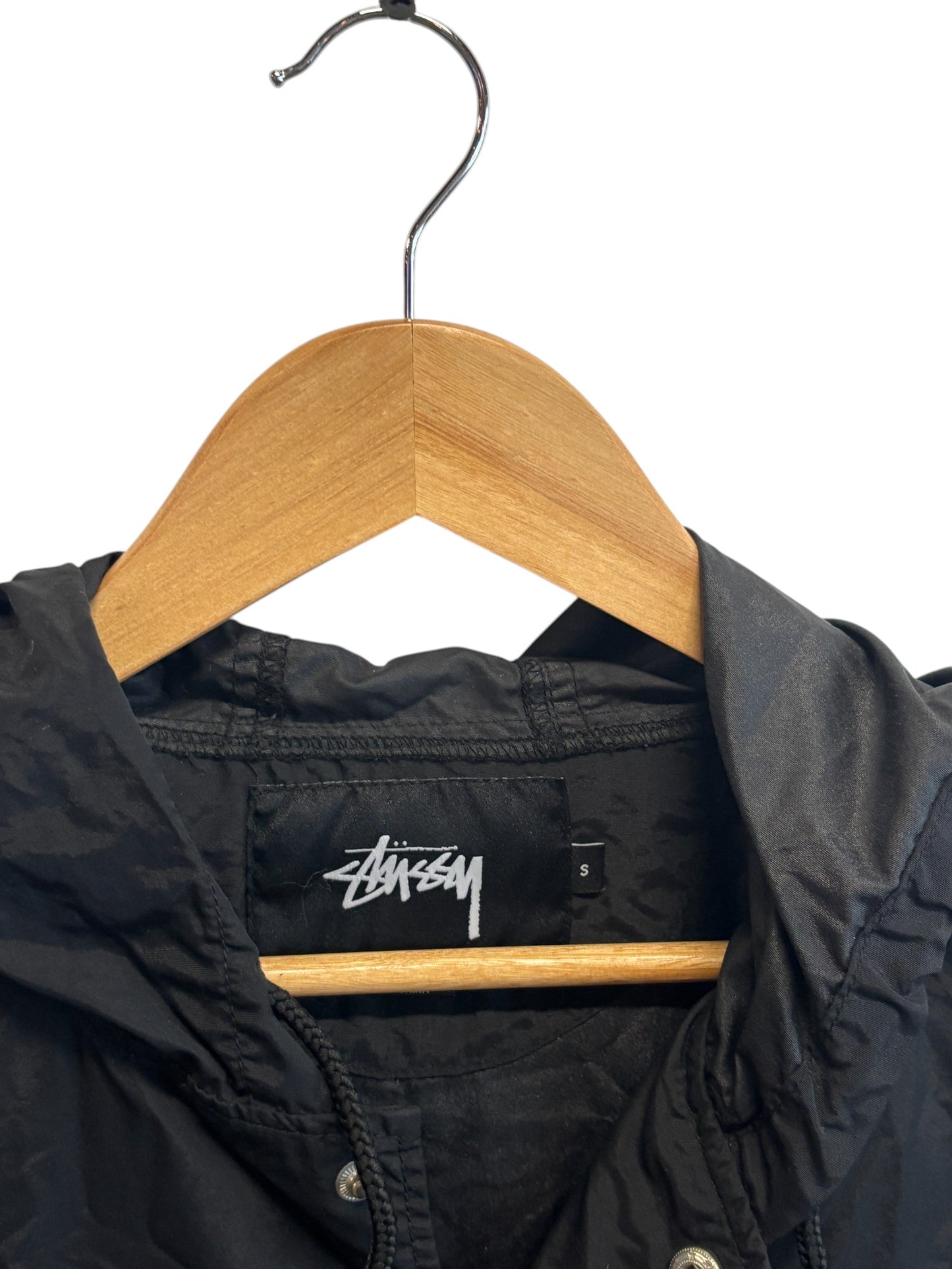 Stussy Black Button Up Hooded Parka Jacket Size Small