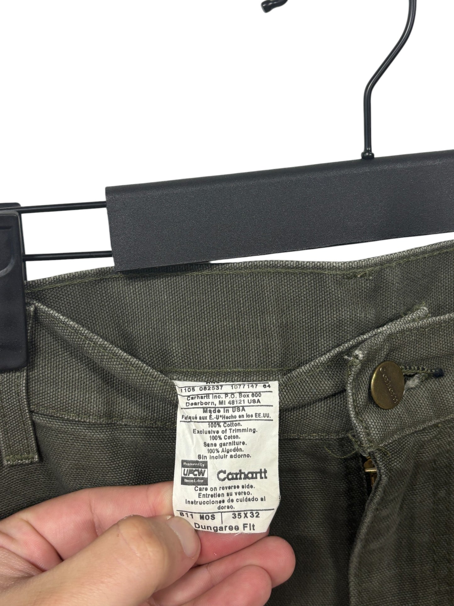 Vintage Carhartt Moss Green Dungaree Fit Carpenter Pants Size 35x32