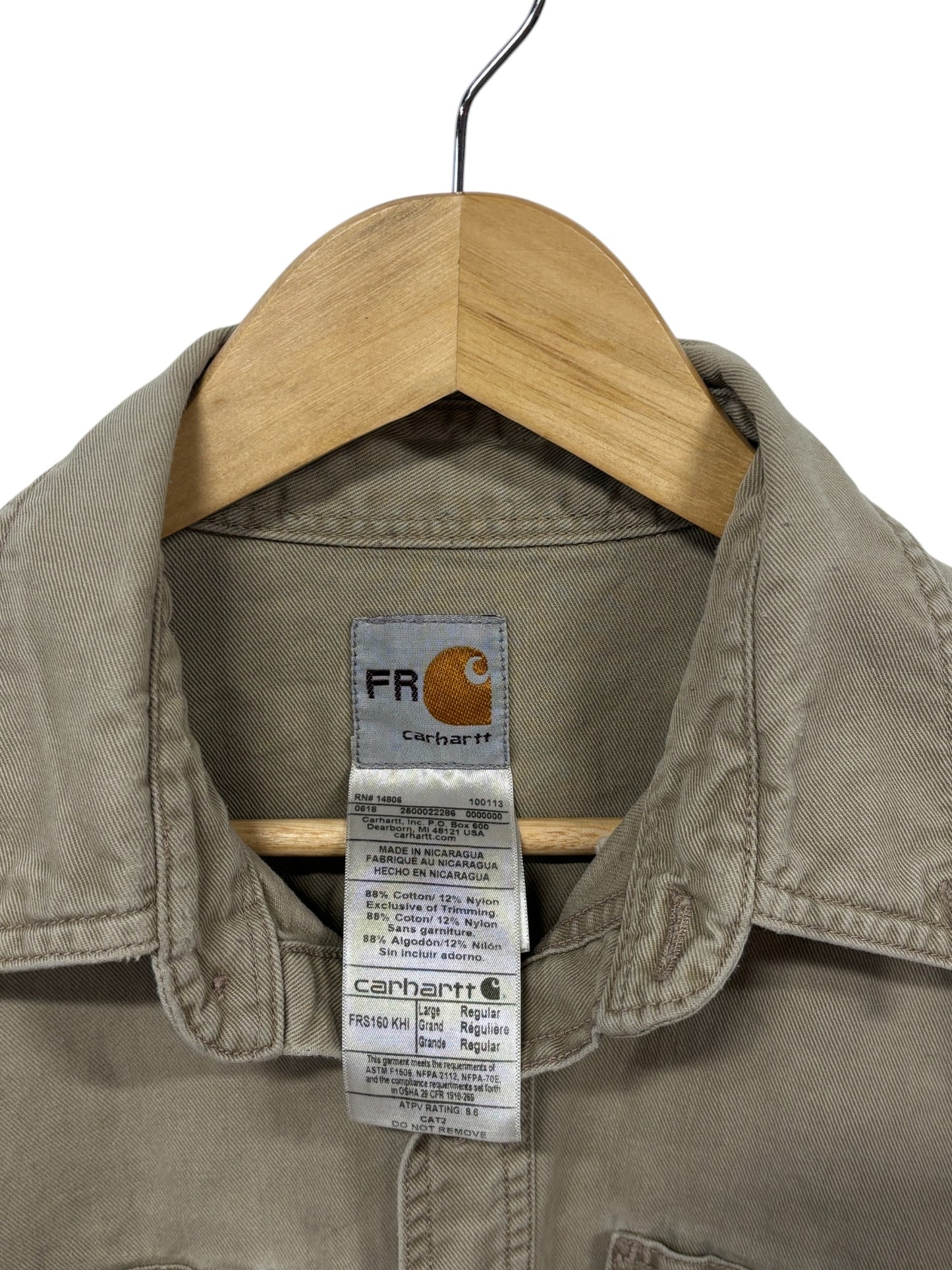 Carhartt Thrashed Khaki Button Up FR Work Shirt Size Large