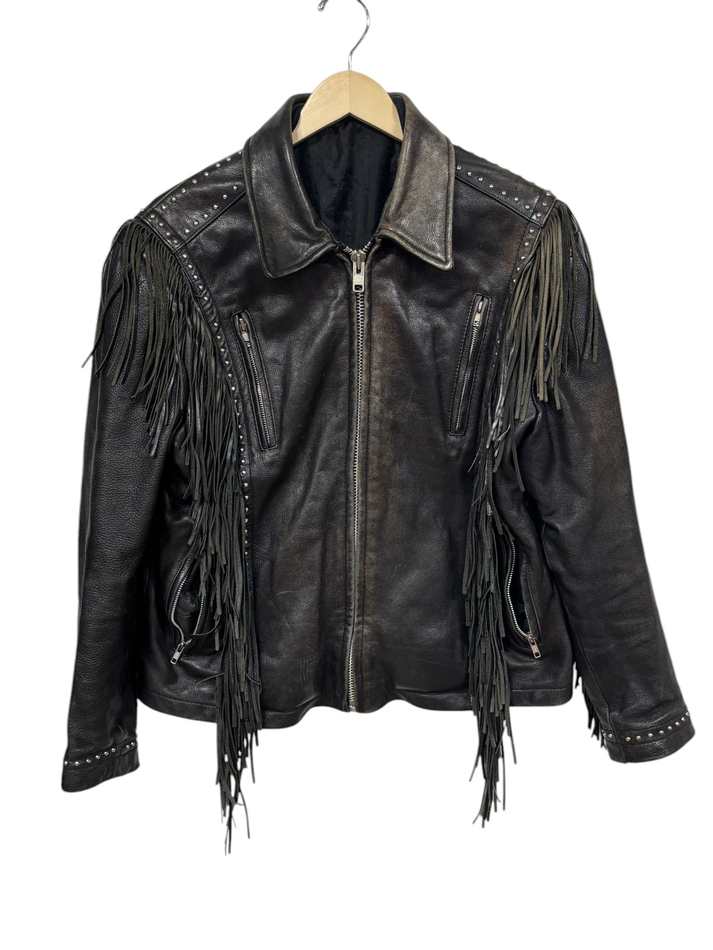 Vintage Leather Biker Jacket Fringed Rhinestone Black Full Zip Size M/L