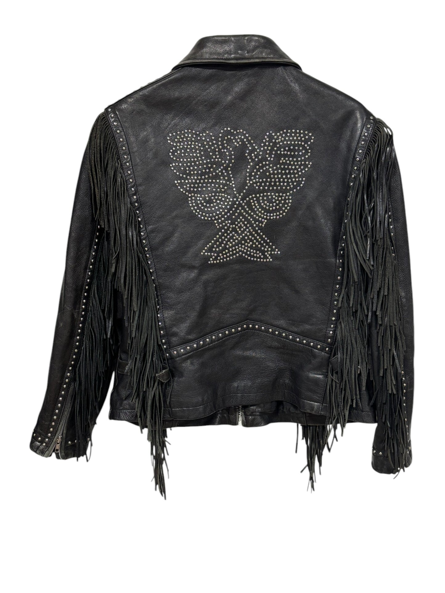 Vintage Leather Biker Jacket Fringed Rhinestone Black Full Zip Size M/L