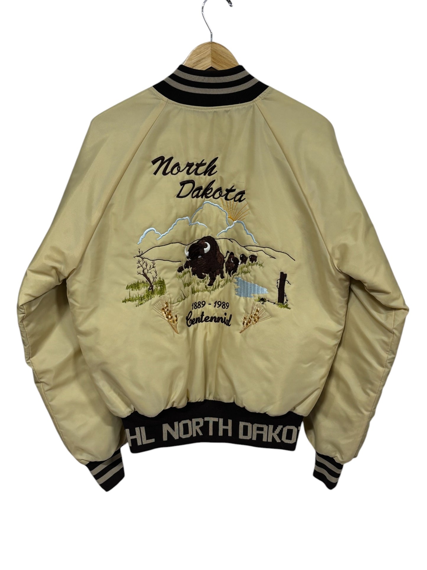 Vintage 1989 North Dakota Centennial Bison Nylon Bomber Jacket Size Medium
