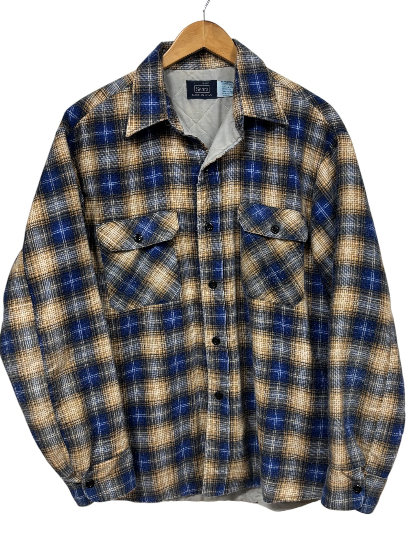 Vintage 70's Sears Plaid Checkered Flannel Button Down Shirt Size Large