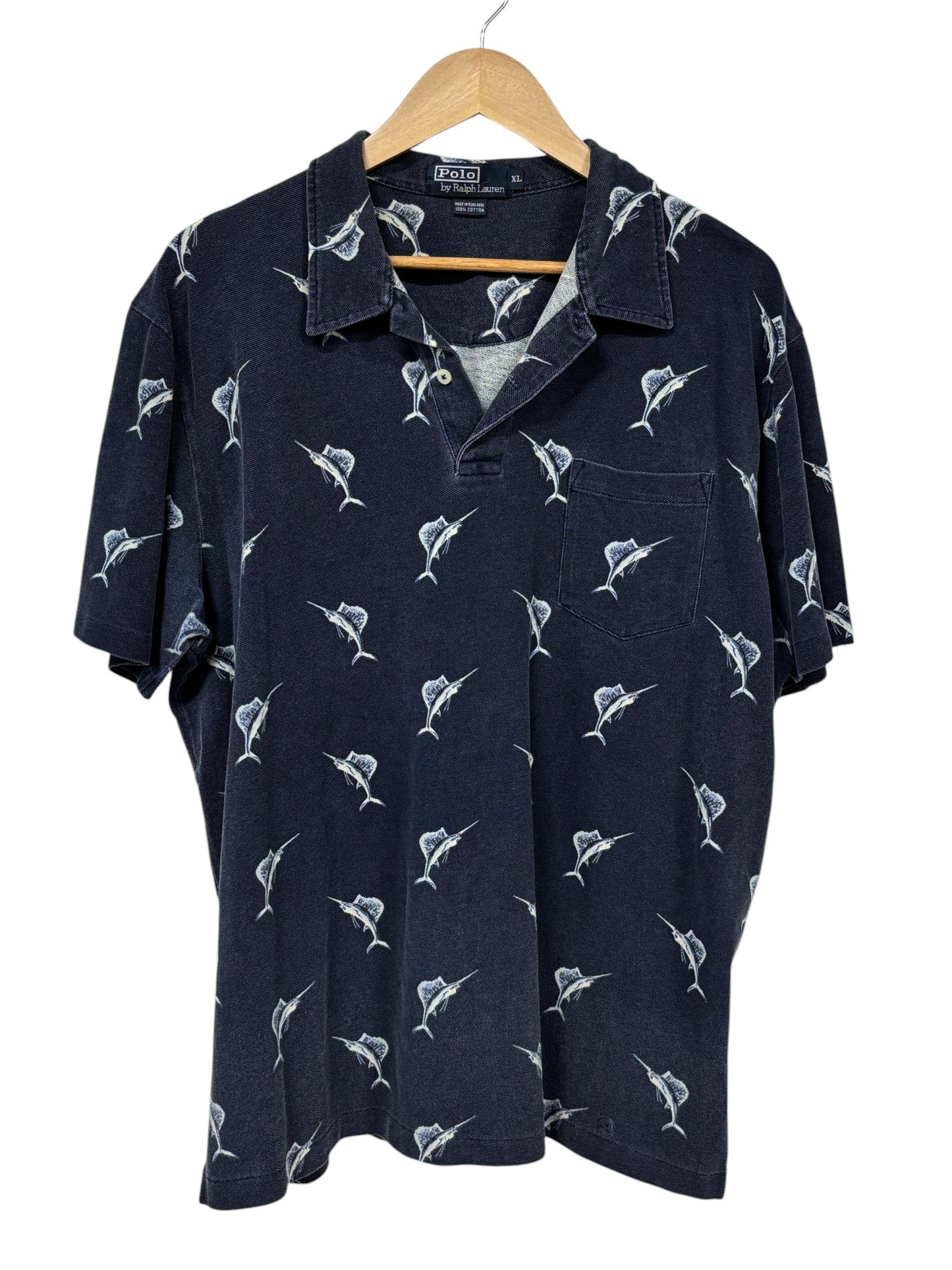 Vintage Ralph Lauren Swordfish All Over Print Polo Shirt Size XL