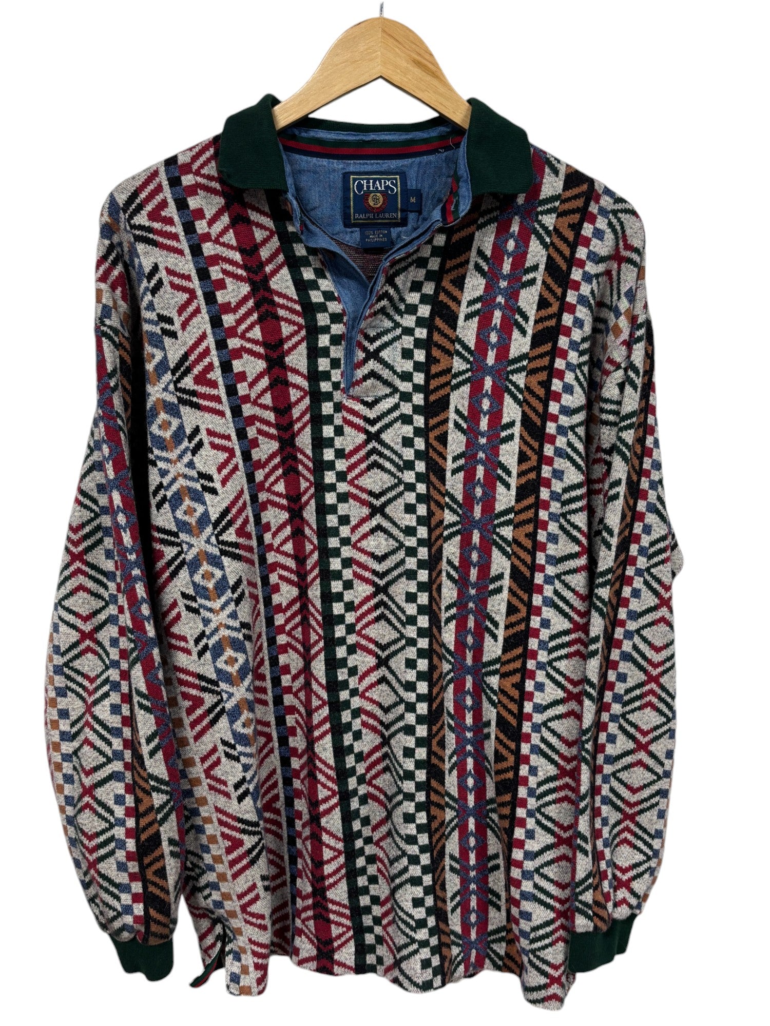 Vintage 90 s Chaps Ralph Lauren Aztec Long Sleeve Polo Shirt Size Medi the basement