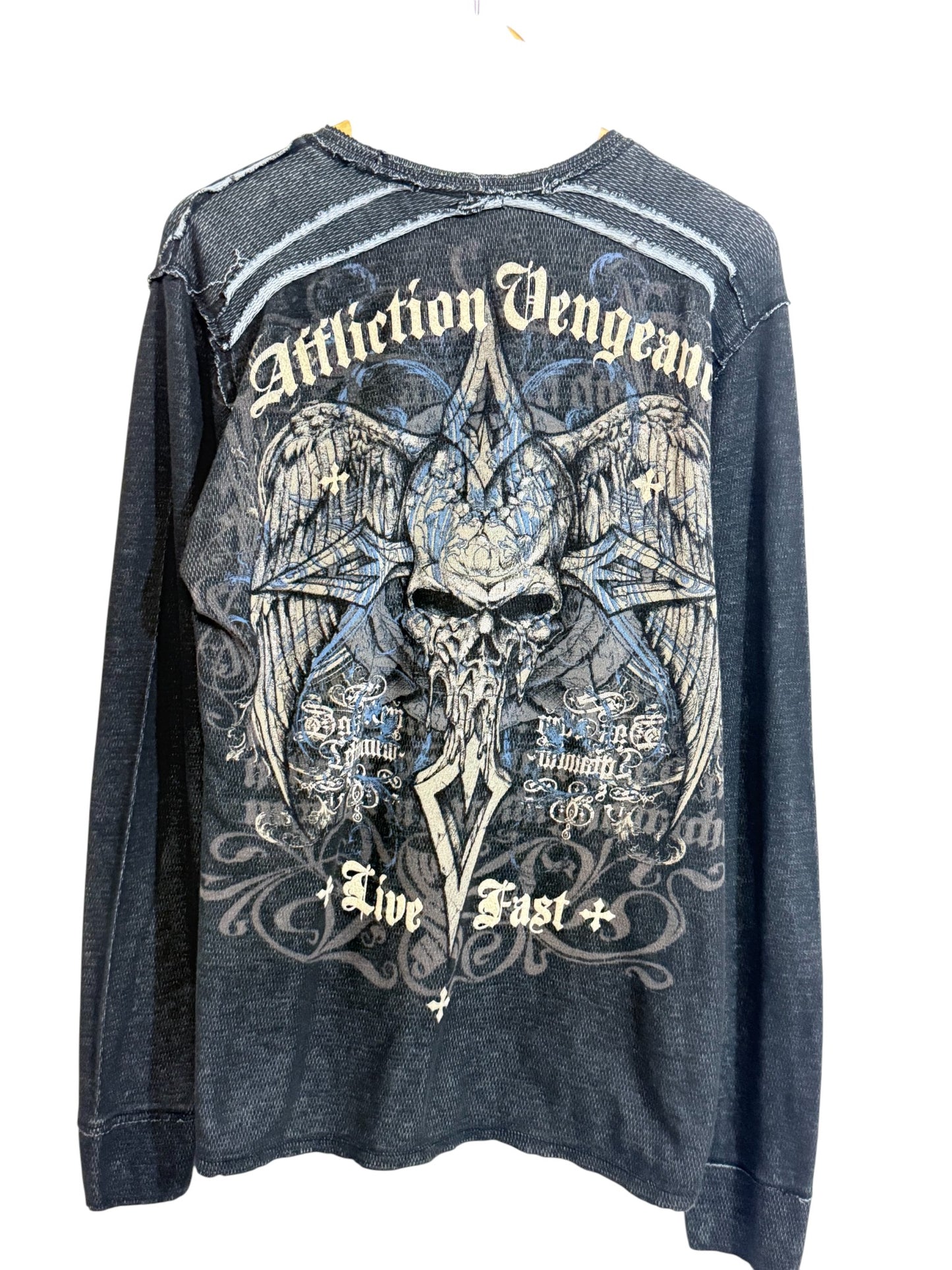 Vintage Y2K Affliction Thermal Long Sleeve Blue Big Print Shirt Size Large