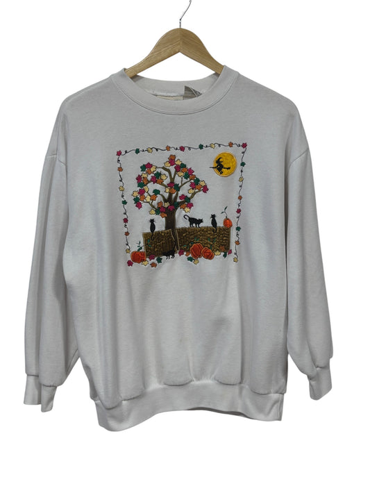 Vintage Halloween Autumn Black Cats Embroidered Sweater Size Large