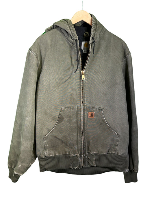 Vintage Carhartt J33 Olive Green Zip Up Hooded Work Jacket Size Medium