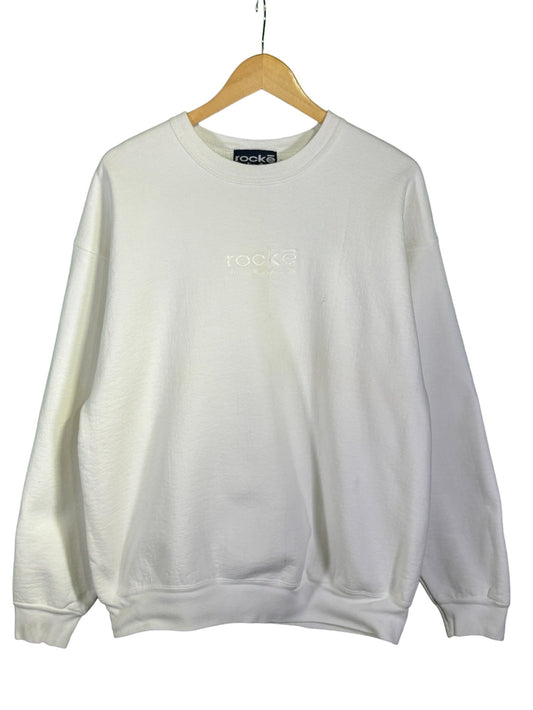 Vintage 90's Rocke Gear White Embroidered Crewneck Sweater Size Medium
