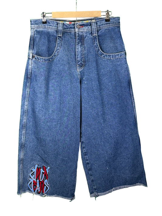 Vintage JNCO Embroidered Wide Leg Cutoff Denim Jeans Size 34x23