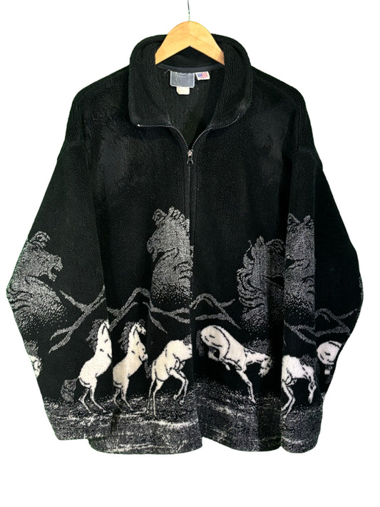 Vintage Made in USA Horses Black Deep Pile Fleece Sweater Size XXL