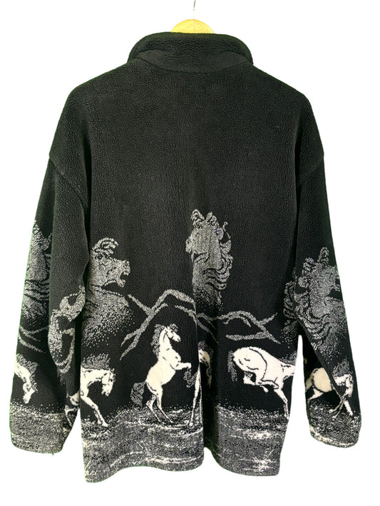 Vintage Made in USA Horses Black Deep Pile Fleece Sweater Size XXL