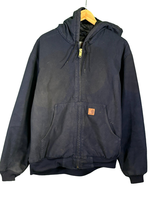 Vintage Carhartt J230 Navy Blue Full Zip Hooded Work Jacket Size Large