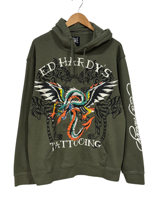 Ed Hardy Tattooing Olive Green Pullover Hoodie Size XL