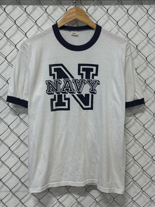 Vintage 80's Navy Logo Ringer Graphic Tee Size XL