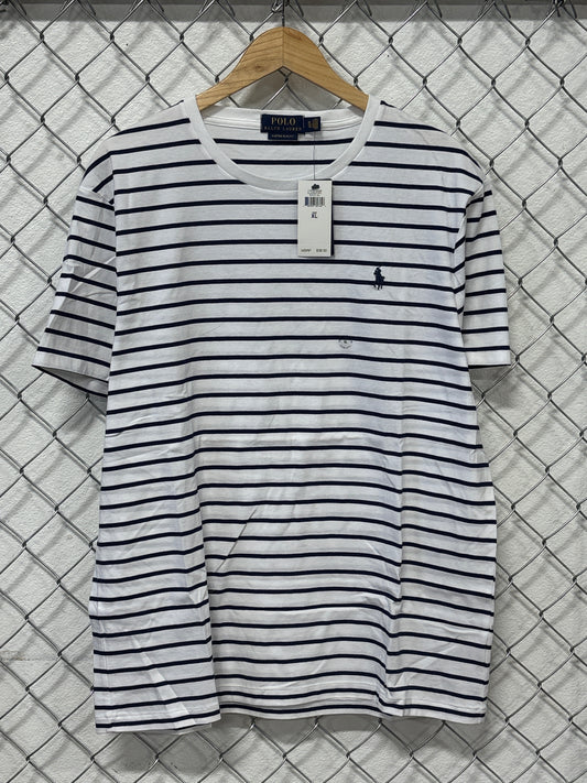Polo Ralph Lauren White Blue Striped Small Pony Tee Size XL