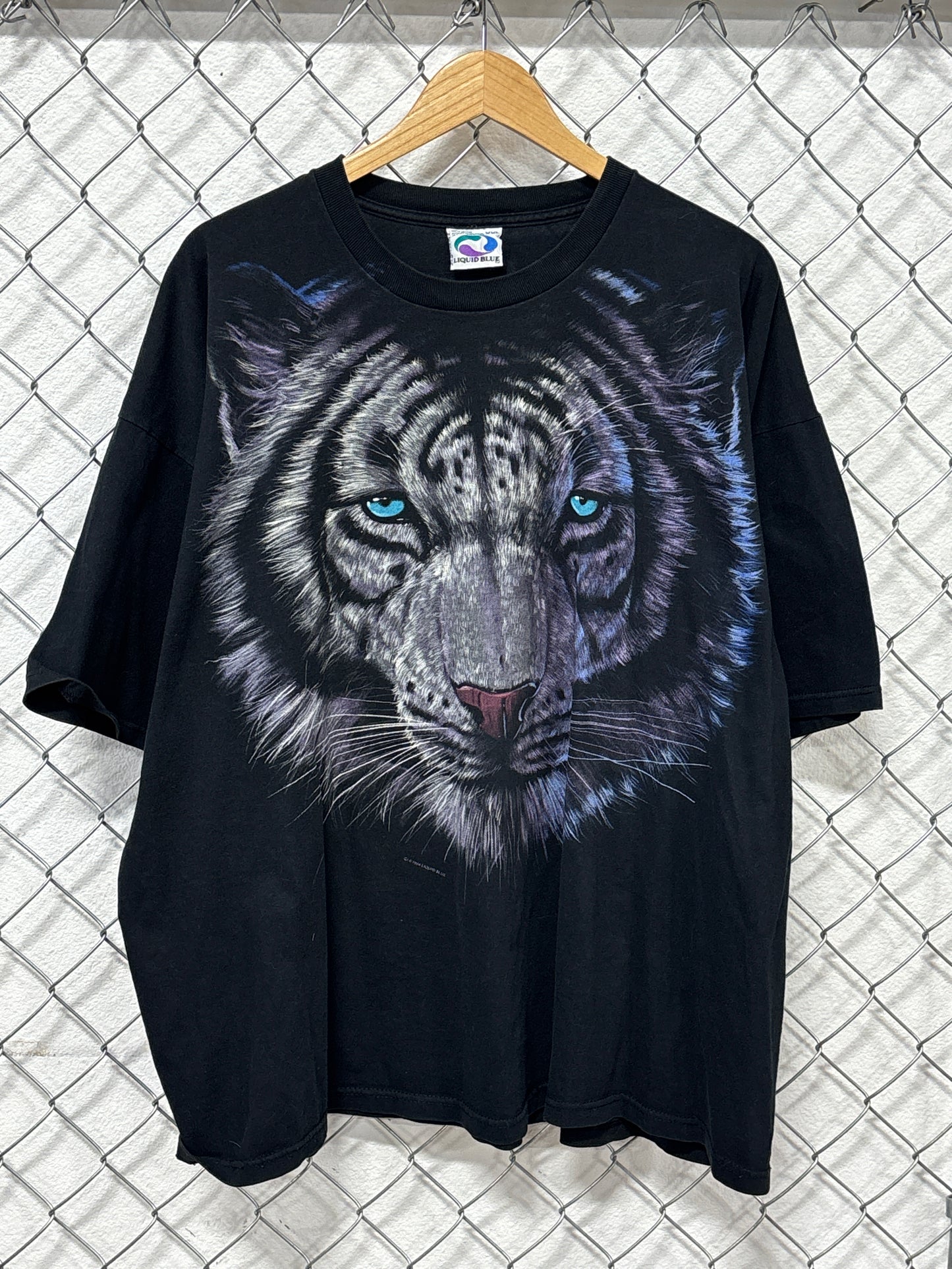 Vintage 90's Liquid Blue White Tiger Double Sided Nature Tee Size XXL