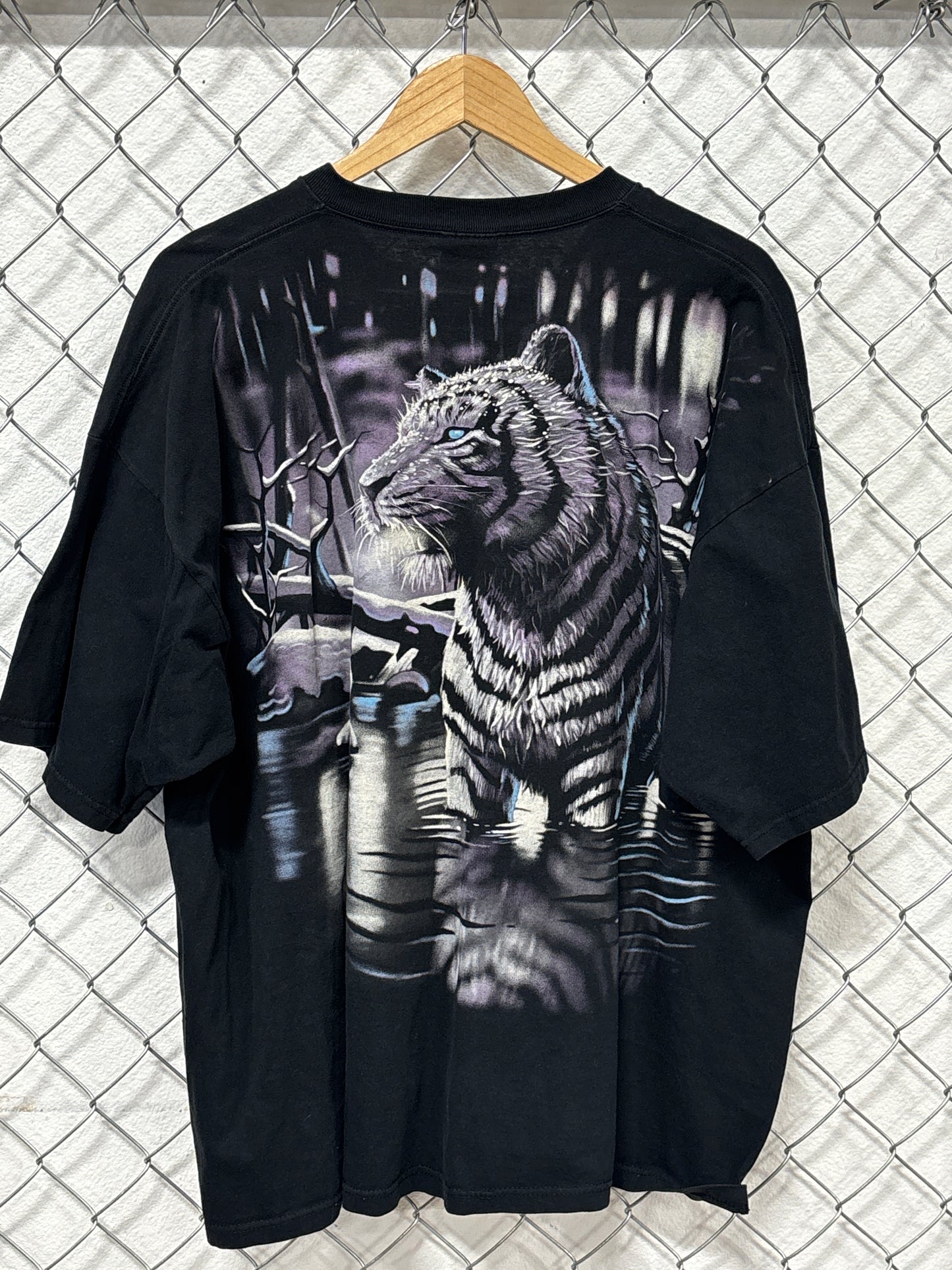 Vintage 90's Liquid Blue White Tiger Double Sided Nature Tee Size XXL