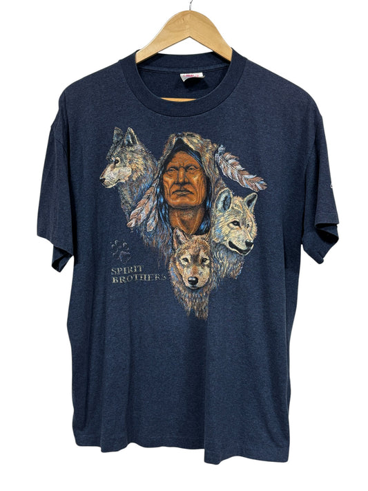 Vintage 90's Native American Spirit Brothers Wolves Graphic Tee Size XL
