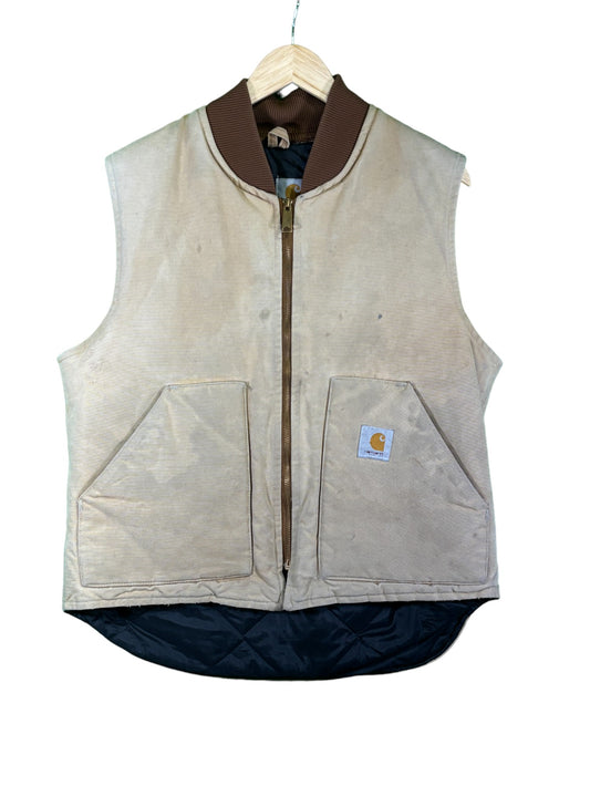 Vintage Carhartt Made in USA Tan Full Zip Work Vest Distressed Size Large