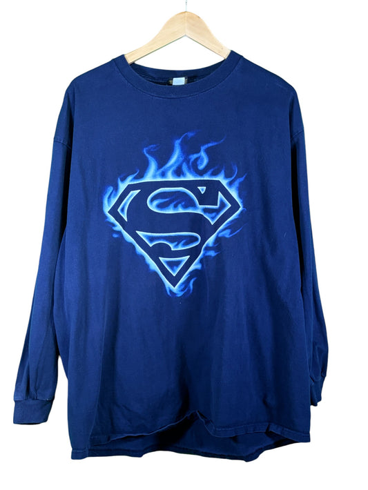 Vintage Superman Blue Flame S Logo Long Sleeve Shirt Size XL