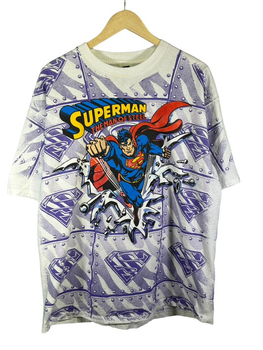 Vintage 1992 Superman Man of Steel All Over Print Comic Graphic Tee Size XL