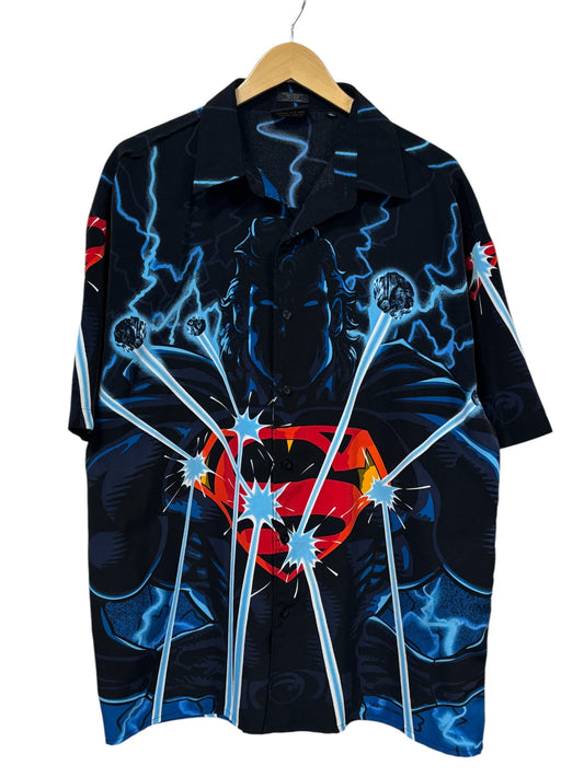 Vintage Y2K Superman All Over Print Short Sleeve Button Up Shirt Size XL