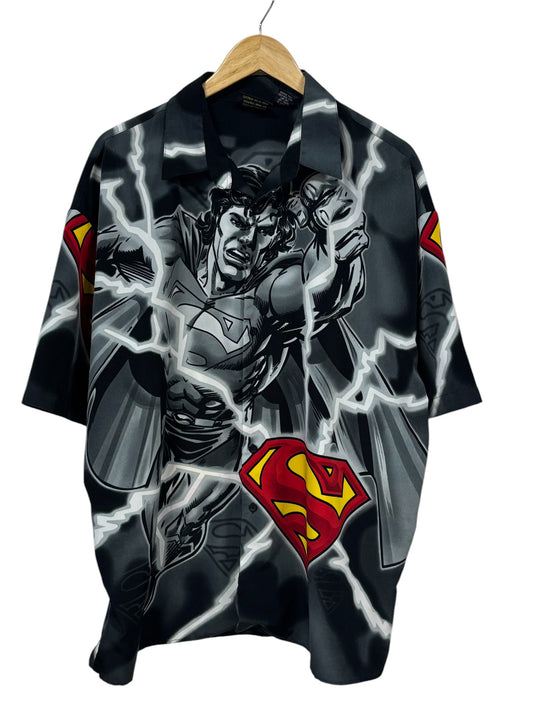 Vintage Y2K Superman All Over Print Short Sleeve Button Up Shirt Size XL