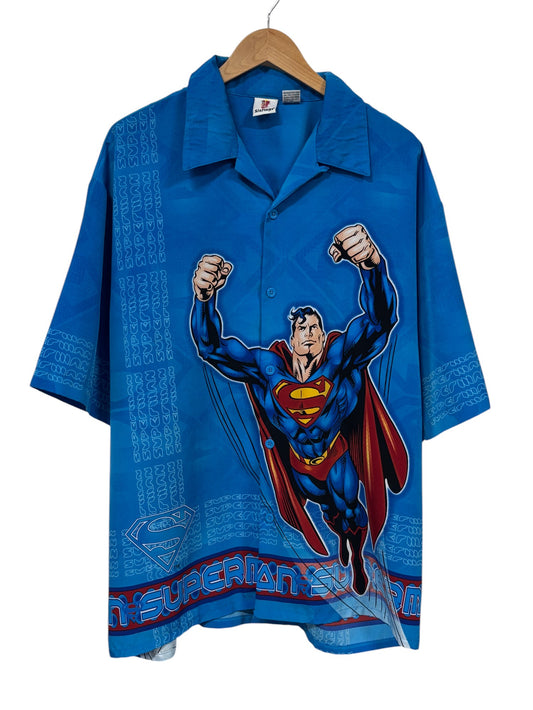 Vintage Y2K Superman All Over Print Short Sleeve Button Up Shirt Size XL