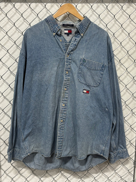 Vintage 90's Tommy Jeans Denim Blue Button Up Shirt Size XL