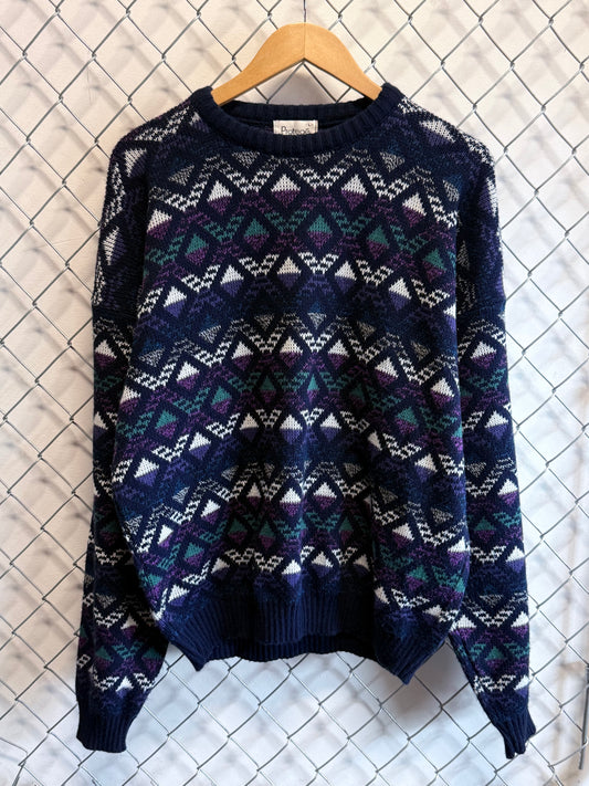 Vintage 80's Protege Tag Geometric Pattern Blue Knit Sweater Size Large