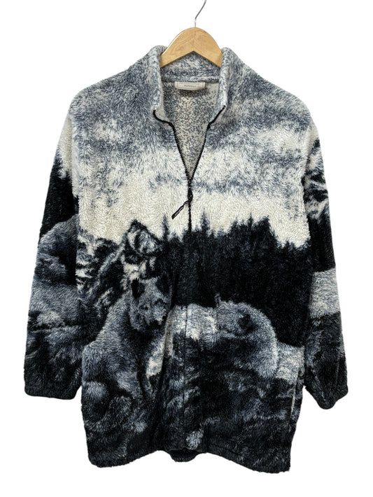 Vintage 90's Black Mountain Wolf Pack Fleece Zip Up Jacket Size Medium