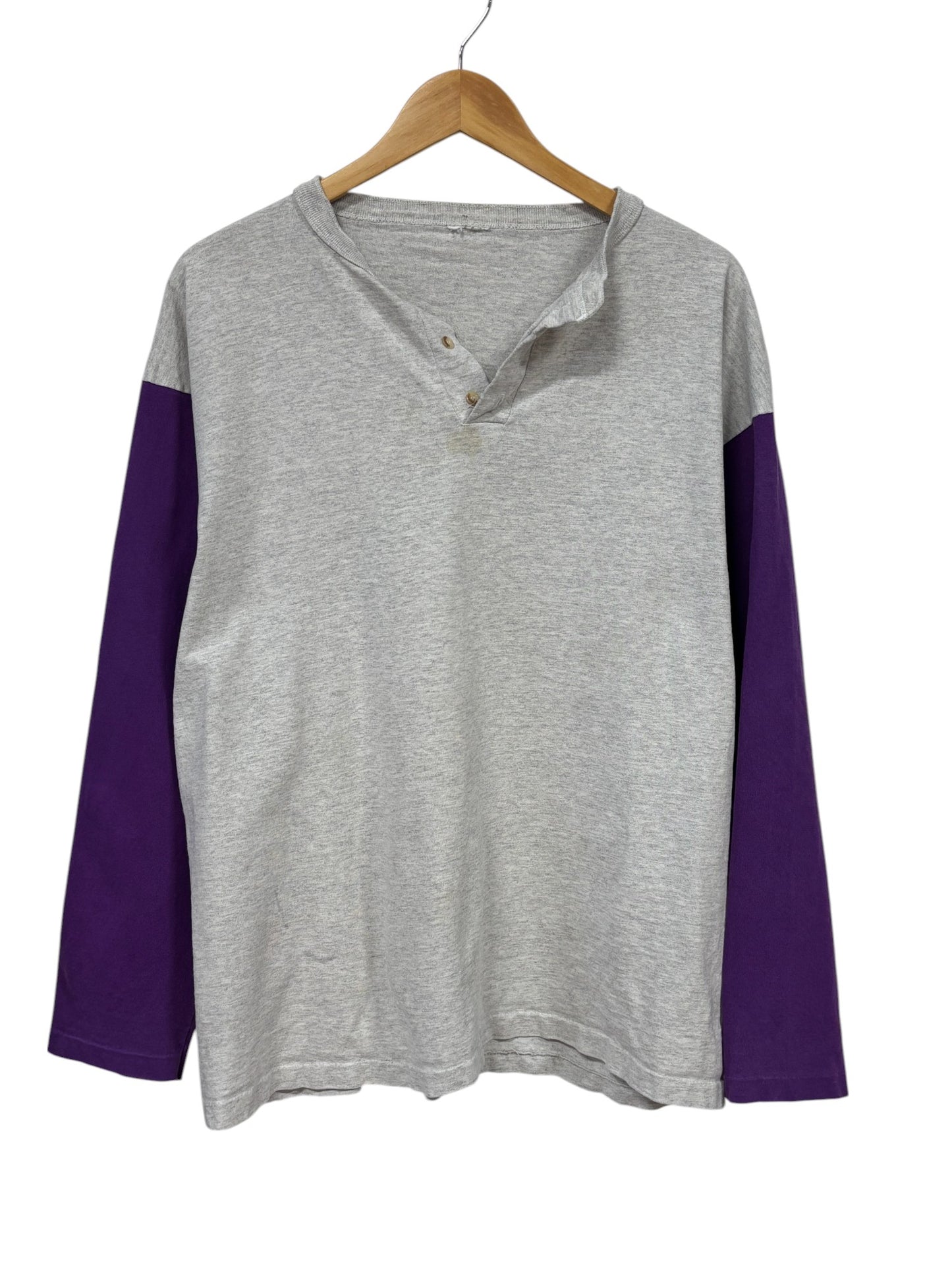 Vintage 90's Grey Purple Henley Long Sleeve Shirt Size Large