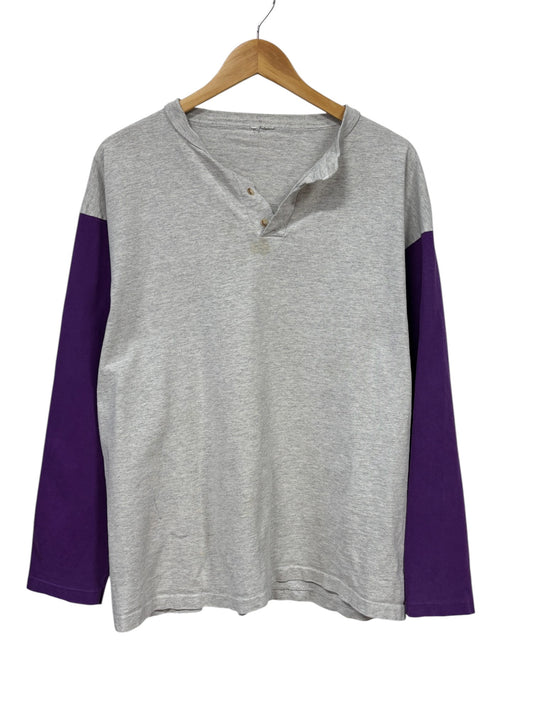 Vintage 90's Grey Purple Henley Long Sleeve Shirt Size Large