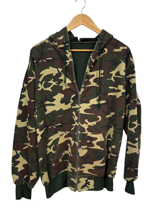 Vintage 90's Thermal Lined Woodland Camo Zip Up Hoodie Size Large